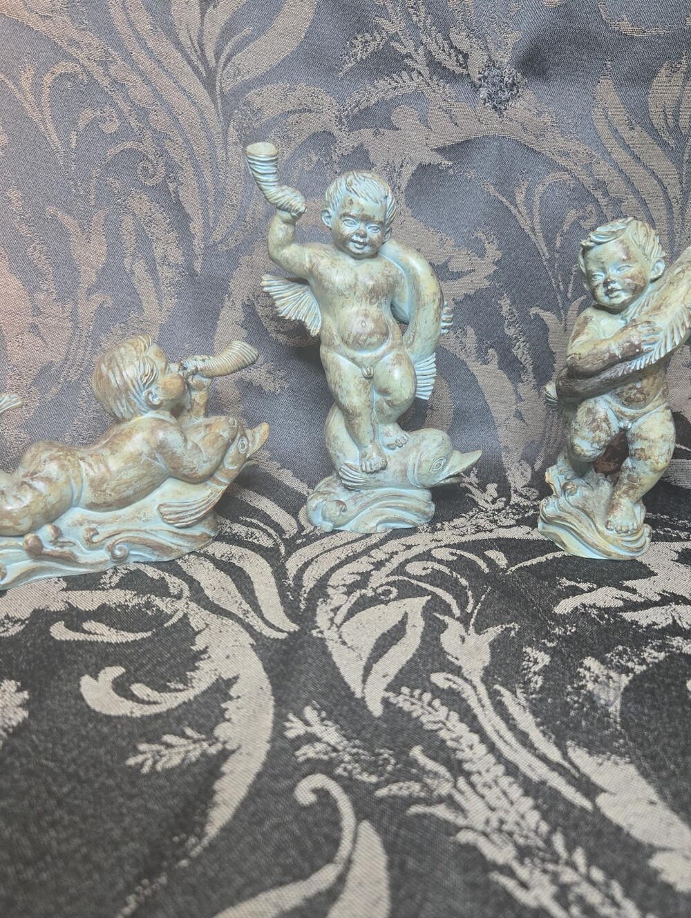 Vintage Faux-Verdigris Cherub and Dolphin Resin Figurines - Set of 3